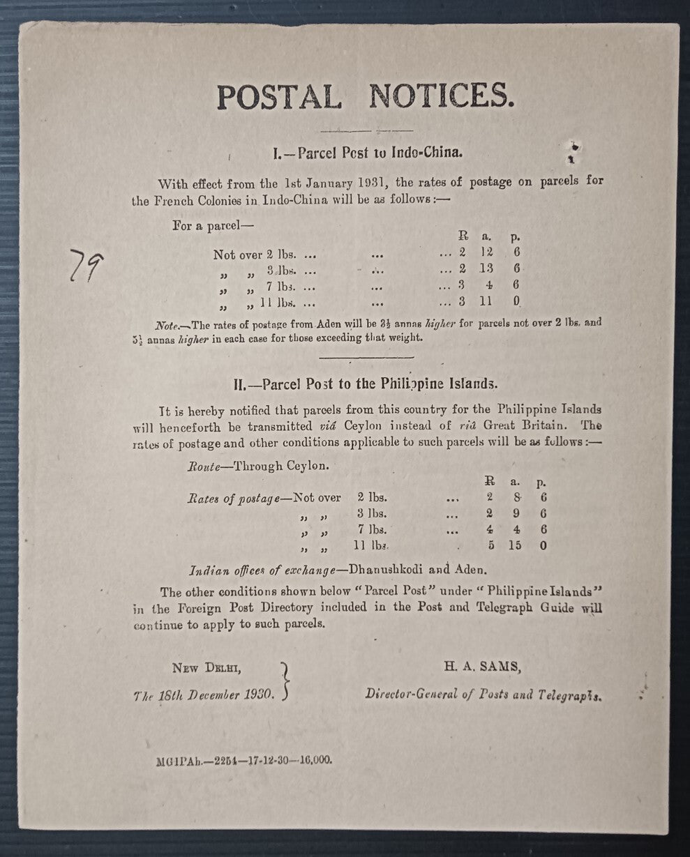 India POSTAL NOTICE 18th Dec. 1930 Parcel Post to China & Philippine Islands