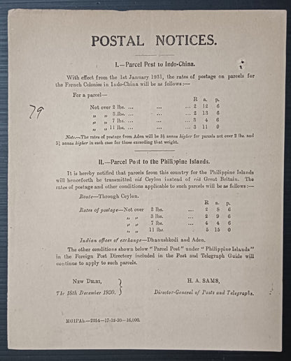 India POSTAL NOTICE 18th Dec. 1930 Parcel Post to China & Philippine Islands