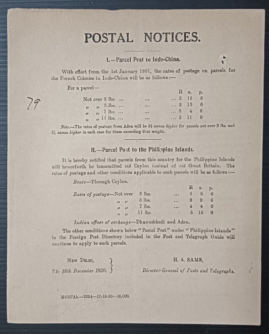 India POSTAL NOTICE 18th Dec. 1930 Parcel Post to China & Philippine Islands