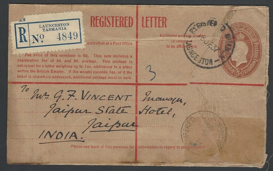 Australia KGV 5d registered envelope used 1937 to Jaipur State India