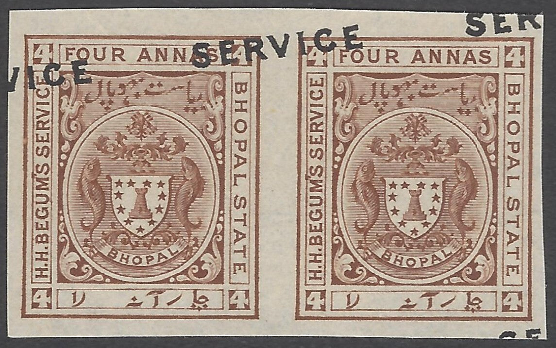 India Bhopal 1908 4a IMPERF PAIR with MISPLACED OVERPRINT MNH. SG O308c £90