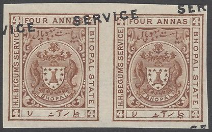 India Bhopal 1908 4a IMPERF PAIR with MISPLACED OVERPRINT MNH. SG O308c £90