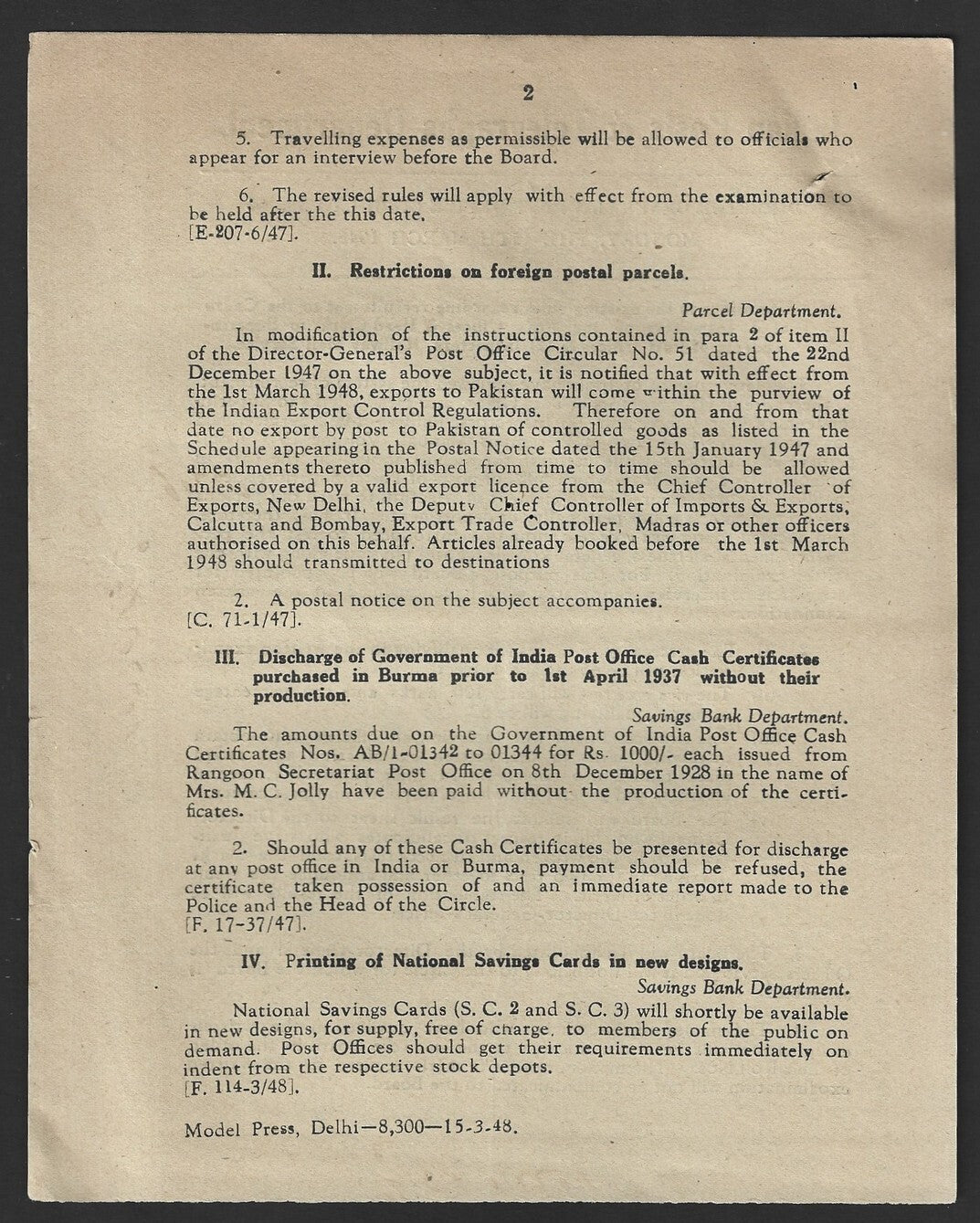 India POSTAL CIRCULAR #65 15 March 1948 Restrictions on Foreign Postal Parcels