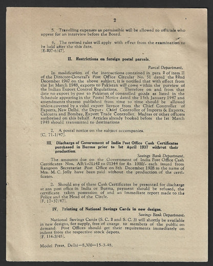 India POSTAL CIRCULAR #65 15 March 1948 Restrictions on Foreign Postal Parcels