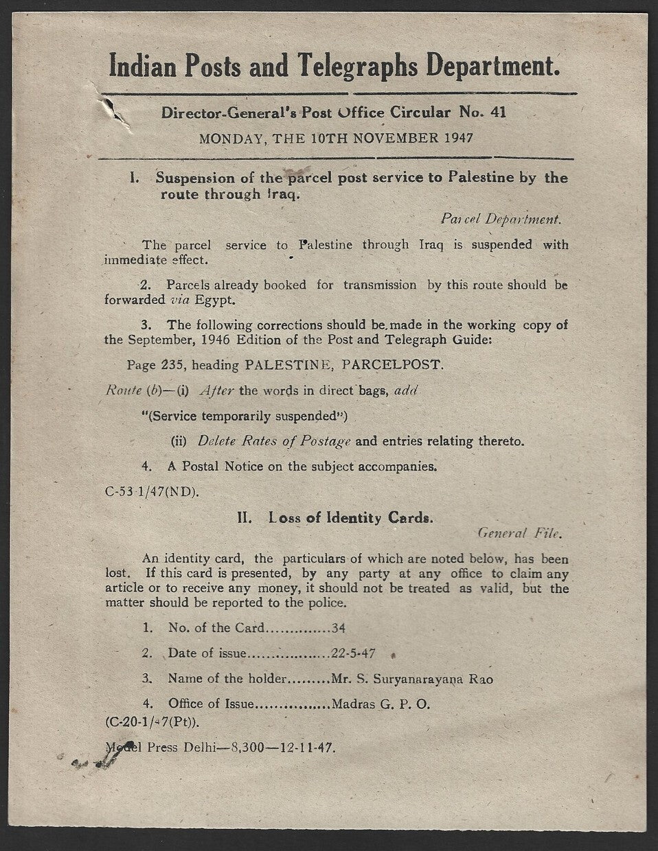 India POSTAL NOTICE #40 10 Nov 1947 Suspension Service to Palestine + CIRCULAR