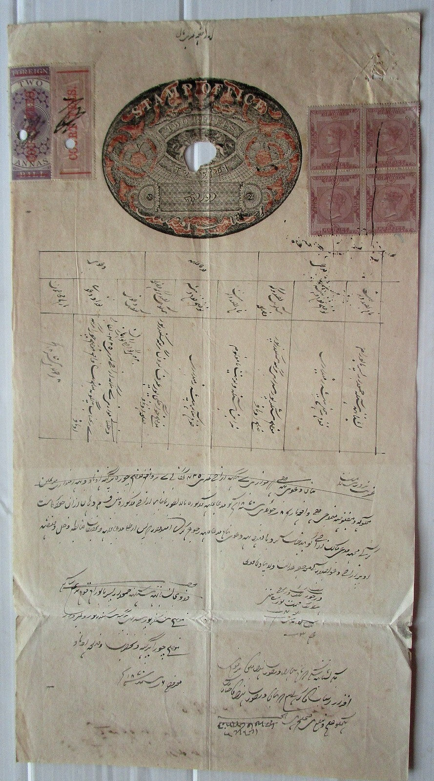 India 2R Congreve stamp paper with Court Fee provisionals & receipt stamps