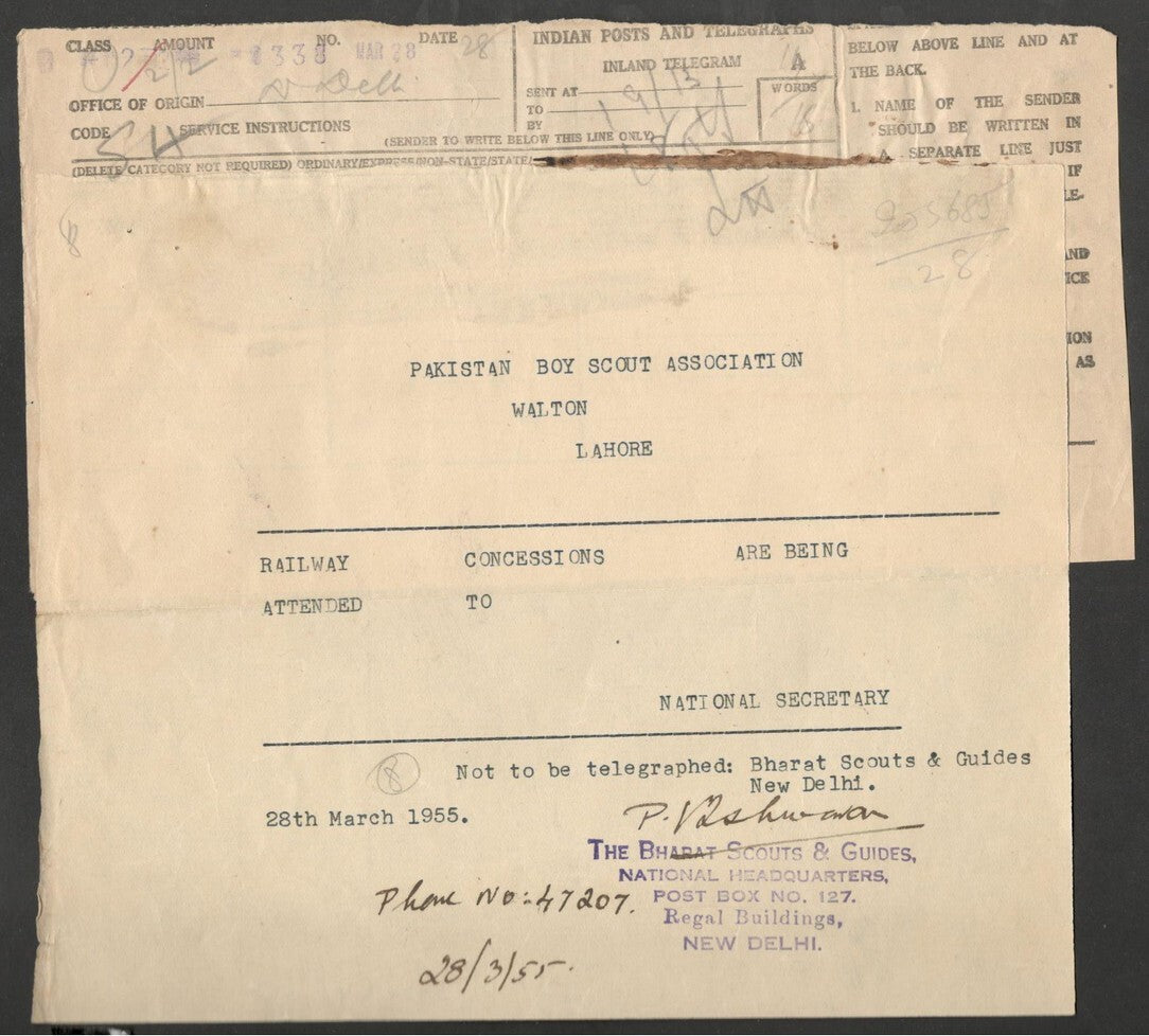 AOP India 1955 telegram from Bharat Boy Scouts to Pakistan Boy Scouts Assoc