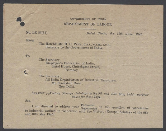 Dept of Labour India Simla 15th June 1945 leaflet WW2 Victory (Europe) holidays