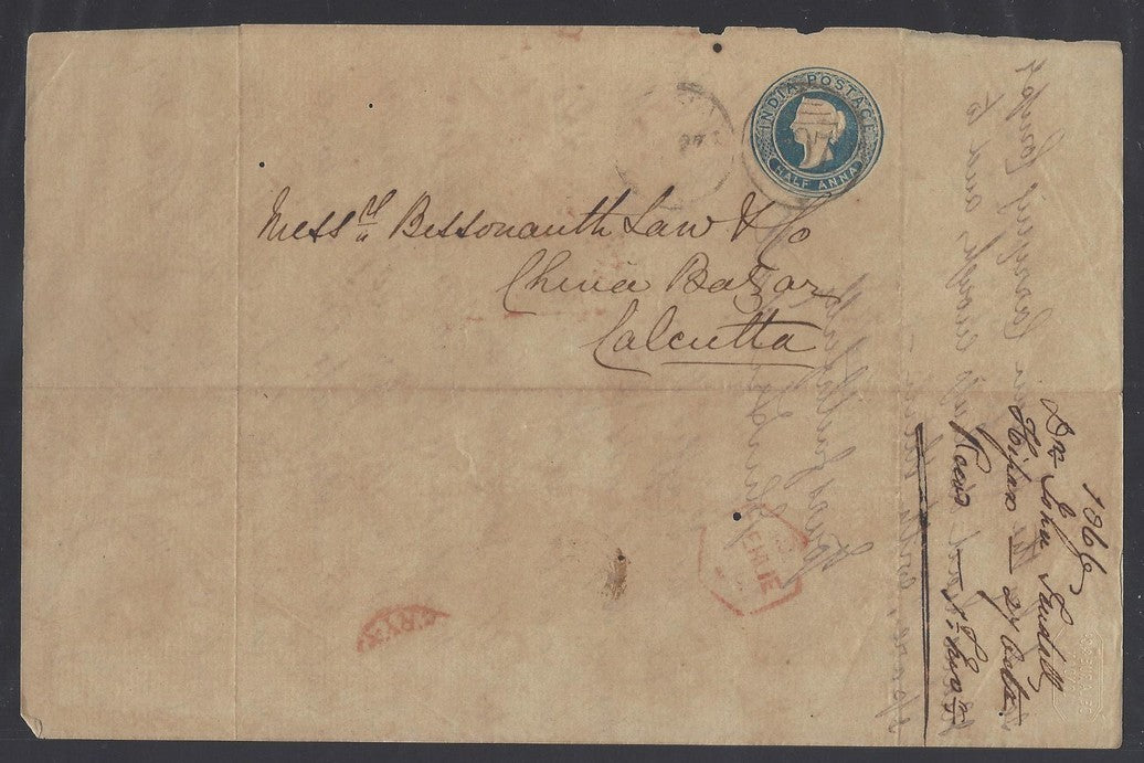 India QV 1/2a lettersheet used 1866 Hissar to China Bazar Calcutta