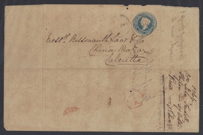 India QV 1/2a lettersheet used 1866 Hissar to China Bazar Calcutta