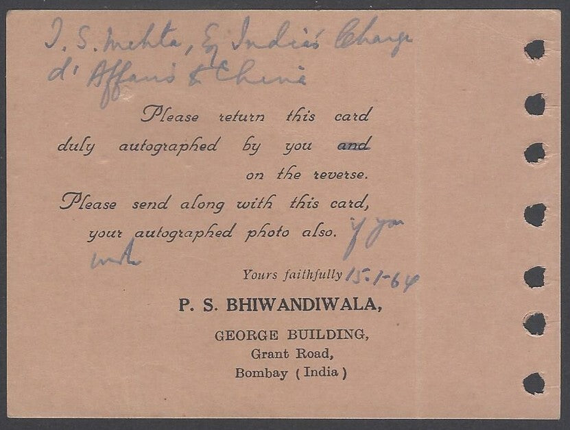 AOP India autograph card signed Jagat Singh Mehta, Foreign Secretary of India