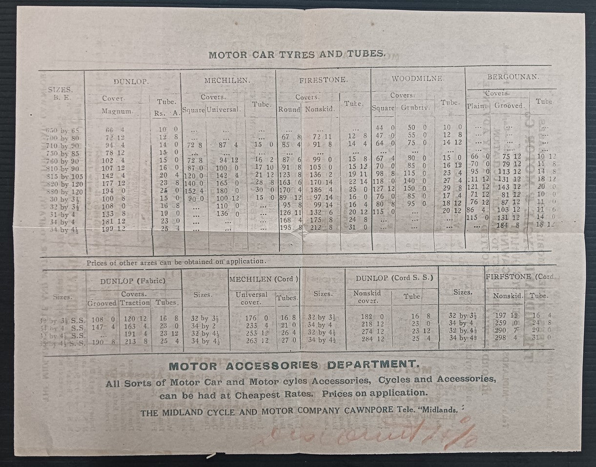 India THE MIDLAND CYCLE & MOTOR CO., Cawnpore Motor Tyres & Oils price list