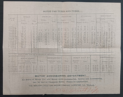 India THE MIDLAND CYCLE & MOTOR CO., Cawnpore Motor Tyres & Oils price list