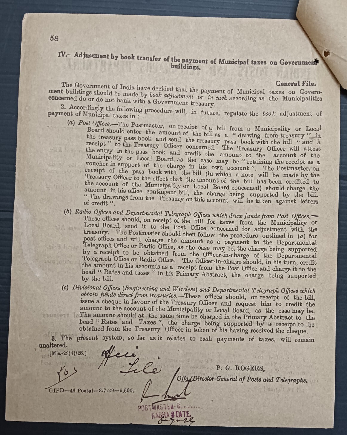 India 1929 DG'S POSTAL CIRCULAR Telegrams by air mail from Karachi, etc.