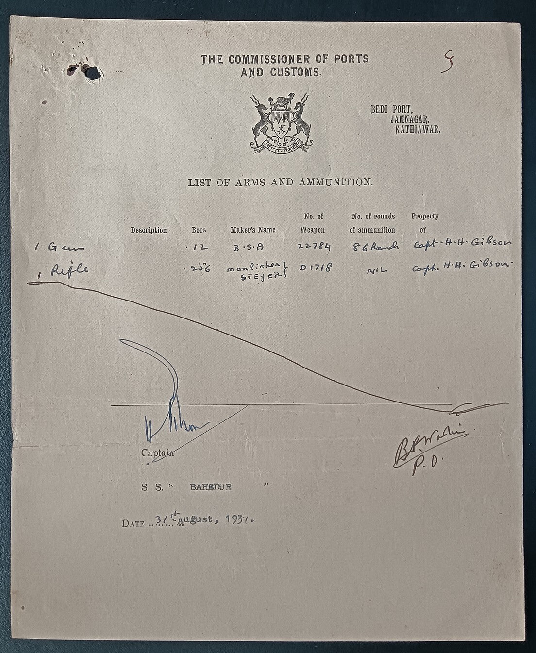 India 1937 Navlakhi Port Morvi SS BAHADUR Captan signed Arms List