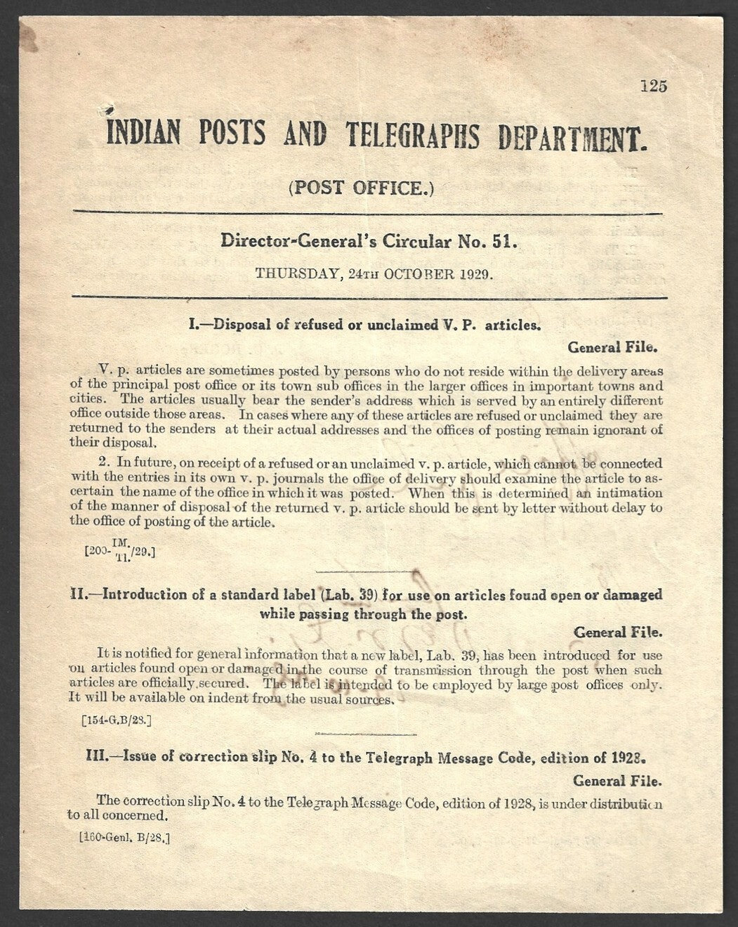 India 1929 DG'S POSTAL CIRCULAR Disposal of refused or unclaimed VP articles etc
