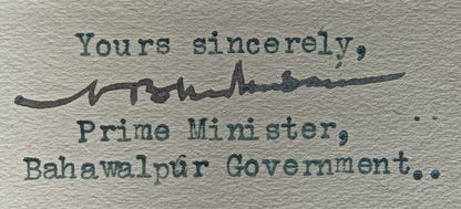 India 1940 crested letter PRIME MINISTER / BAHAWALPUR GOVERNMENT signed