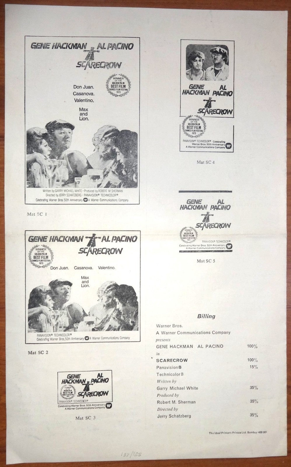 1973 Scarecrow pressbook for India 9” x 14.5” AL PACINO Gene Hackman