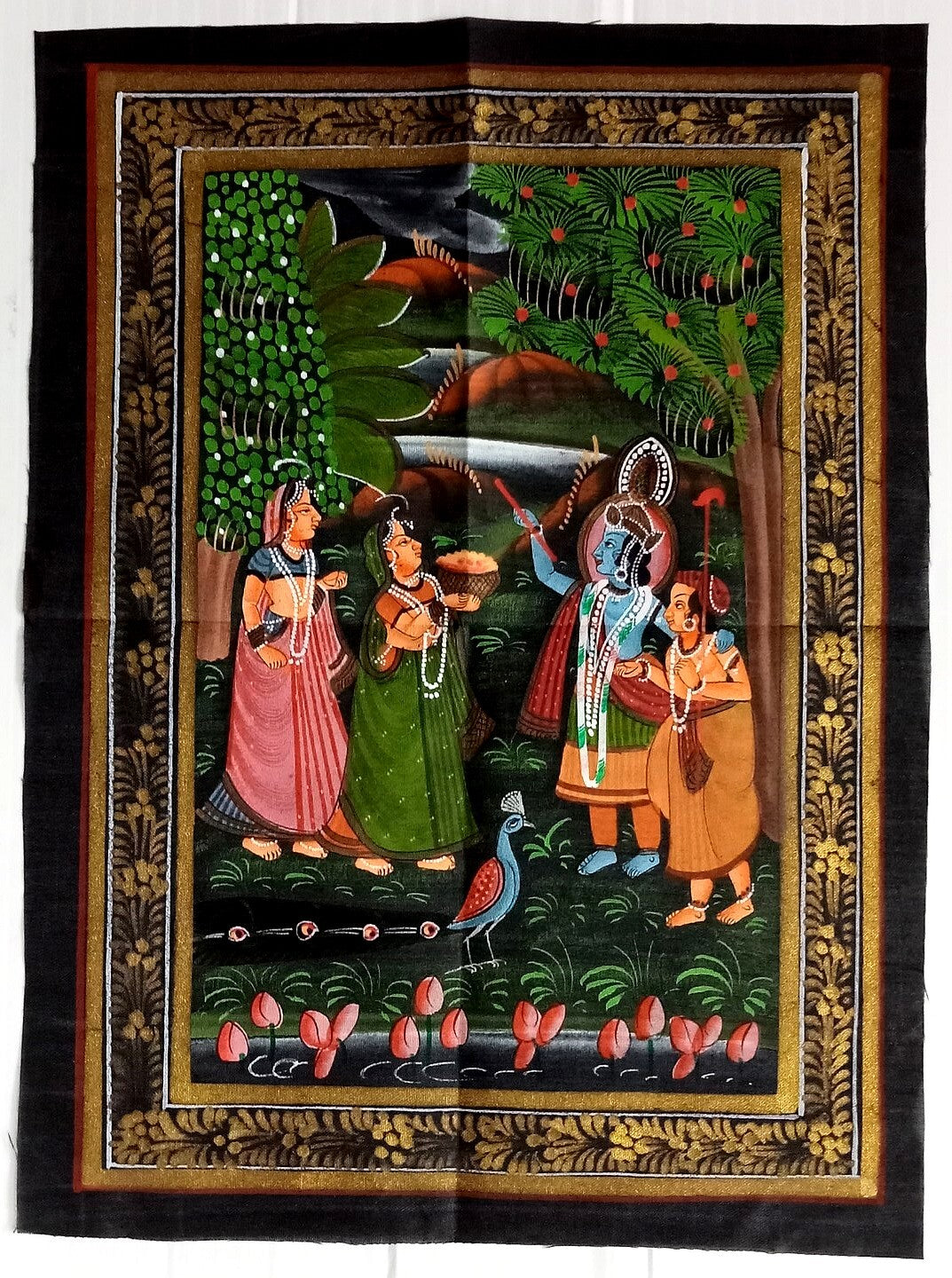India Radha & Krishna hand painted on black cloth 22 x32 cm