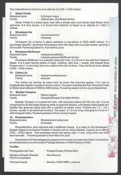 AOP India 2013 Wild Flowers sheetlet of 12 on information brochure