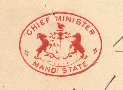 India 1942 crested letter CHIEF MINISTER / MANDI STATE signed