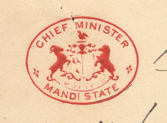 India 1942 crested letter CHIEF MINISTER / MANDI STATE signed