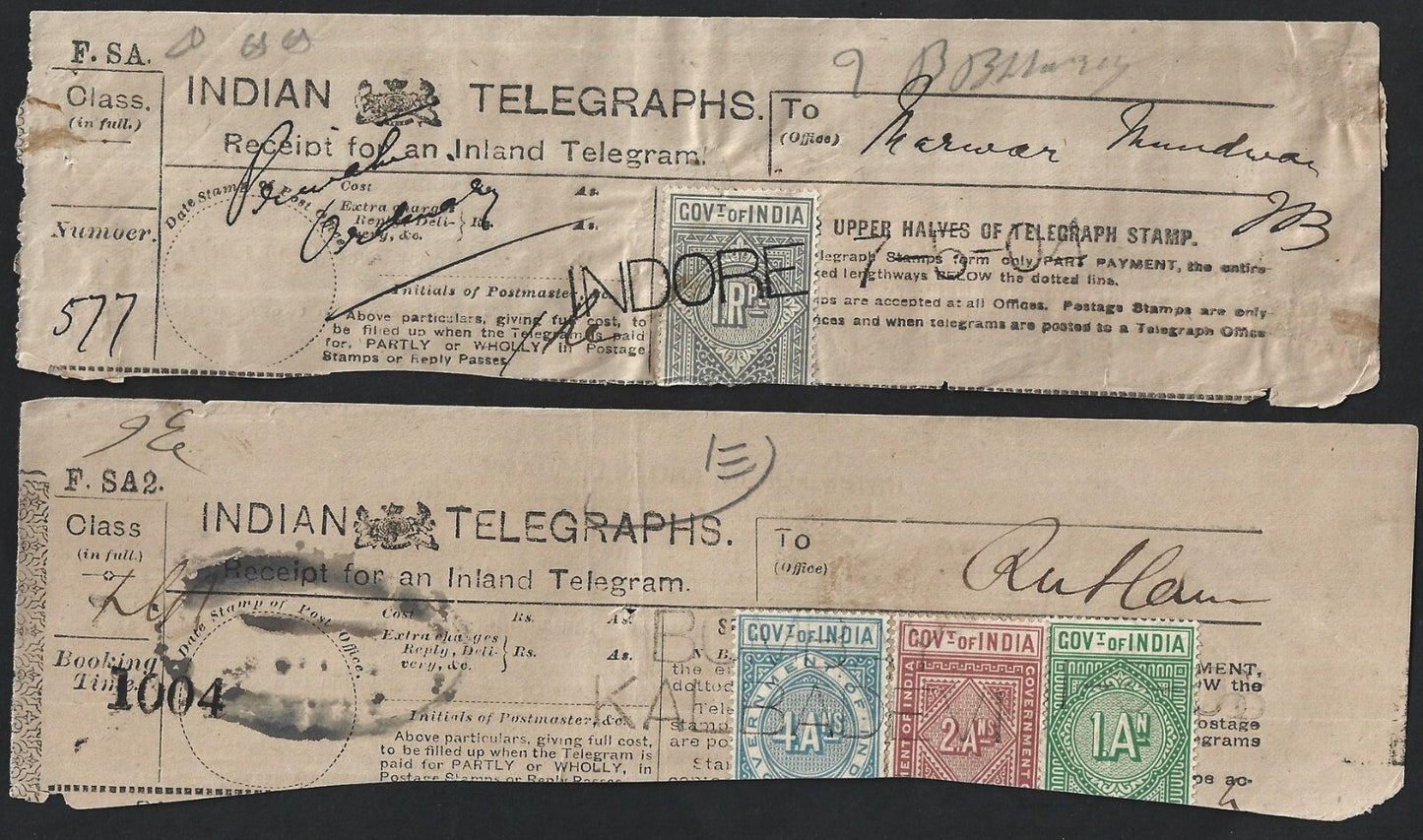 India 1875-1906 collection of telegraph receipts used from 18 different towns