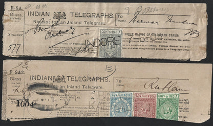 India 1875-1906 collection of telegraph receipts used from 18 different towns