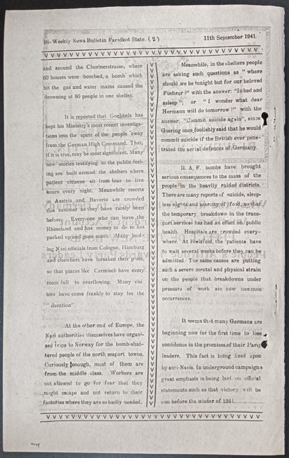 India WW2 1941 FARIDKOT STATE BI-WEEKLY NEWS BULLETIN - Effect of the New Bomb