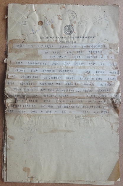 India 1955 CRICKET India Pakistan Test Match at Bahawalpur PRESS TELEGRAM 10 pgs