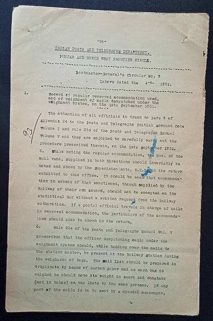 India 1931 PG'S POSTAL CIRCULAR List of convicted Postal Official & their crimes