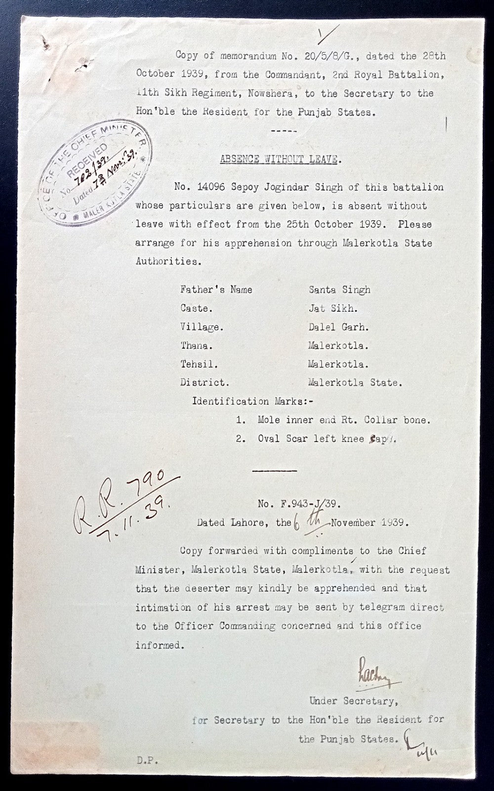 India WW2 1939 lookout notice for AWOL desterter from the Sikh Regiment