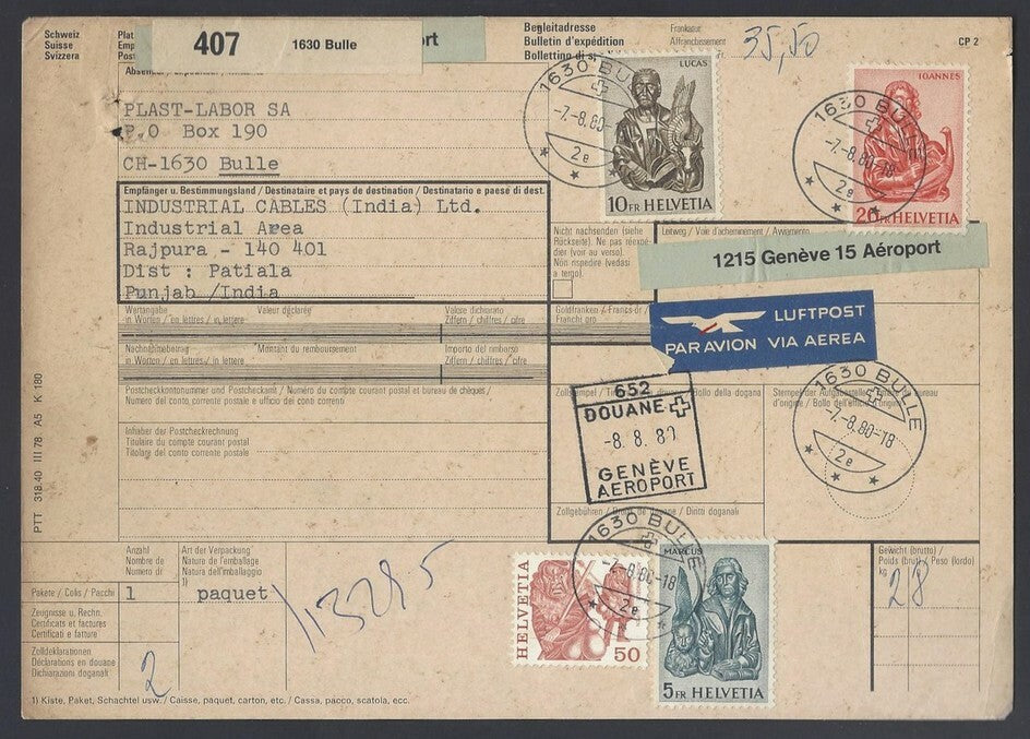 AOP Switzerland 1981 Evangeliste (3) on parcel card to India