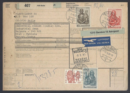 AOP Switzerland 1981 Evangeliste (3) on parcel card to India