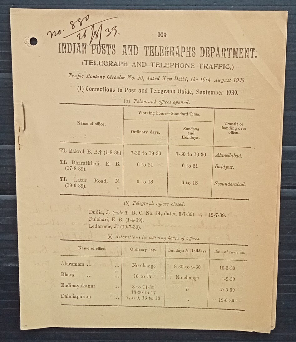 India 1939 POSTAL NOTICE Correction to Post and Telegraph Guide Sept 1939 #20