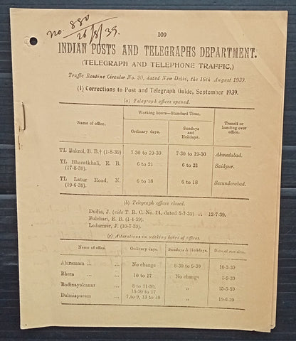 India 1939 POSTAL NOTICE Correction to Post and Telegraph Guide Sept 1939 #20