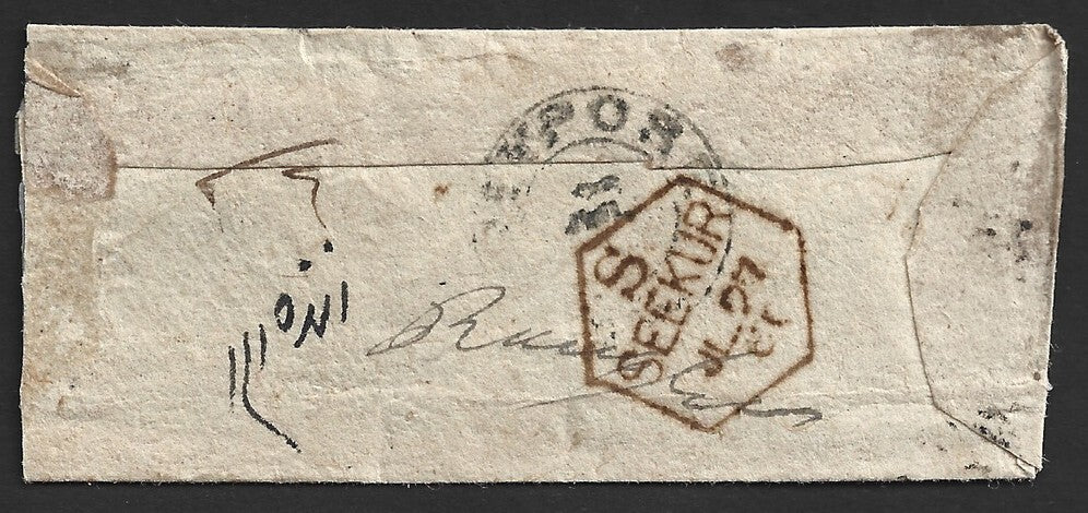 India 1861 stampless cover with red hexagonal SEEKUR & dc JEYPORE