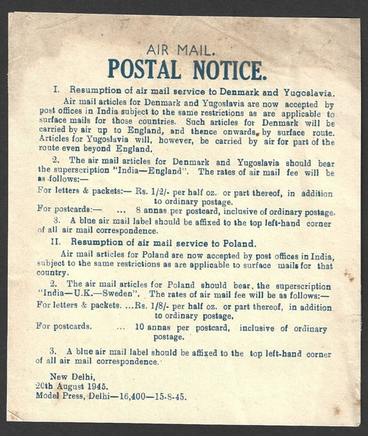 India 1945 AIR MAIL POSTAL NOTICE Air mail service to Denmark Yugoslavia Poland