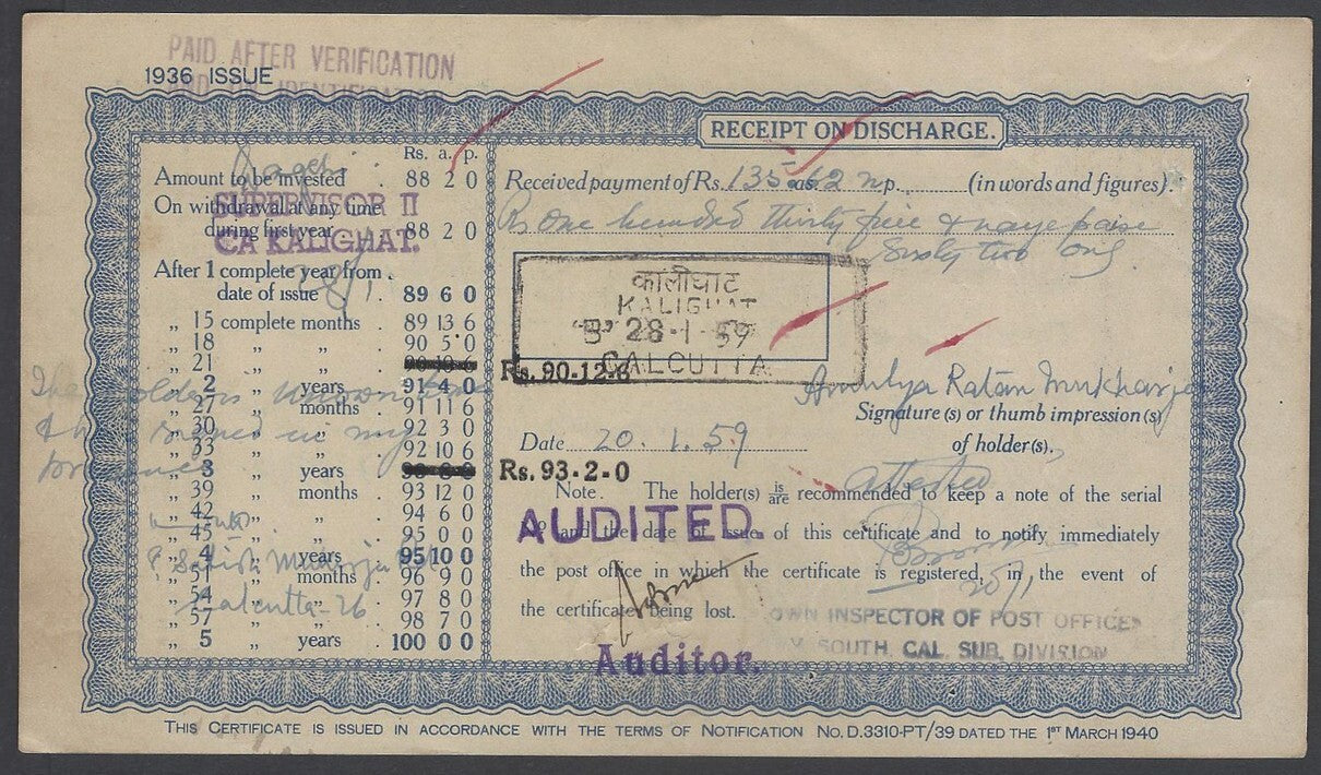 AOP India 1936 Post Office 5 Year Cash Certificate 100R blue