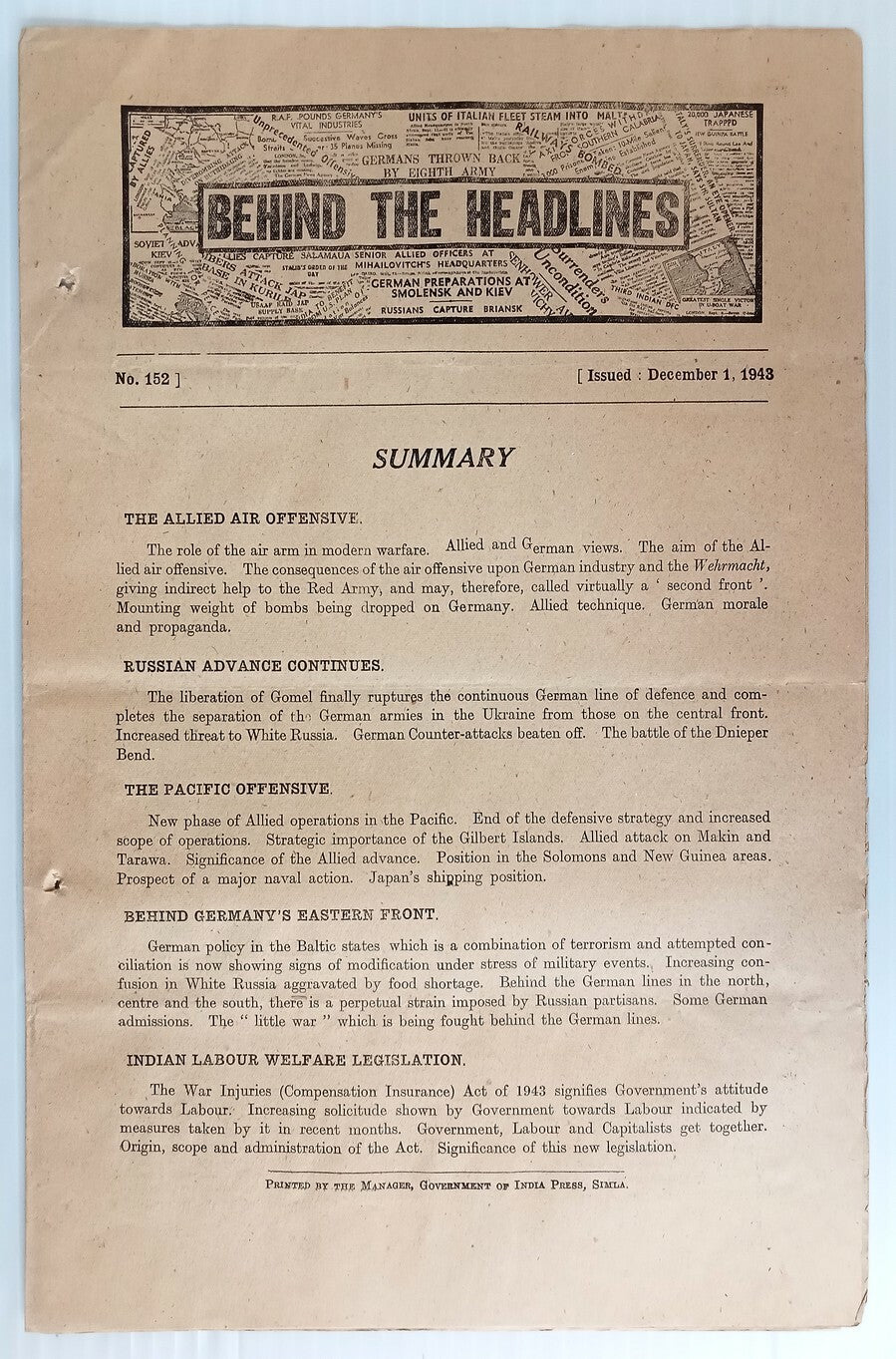 India 1943 WW2 Propaganda rag BEHIND THE HEADLINES RUSSIAN ADVANCE CONTINUES 8pg