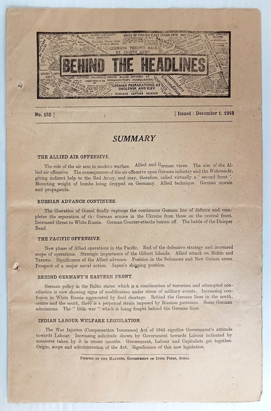 India 1943 WW2 Propaganda rag BEHIND THE HEADLINES RUSSIAN ADVANCE CONTINUES 8pg