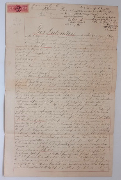 AOP India QV Queen Victoria 1868 Special Adhesive 10R on 1884 indenture 3 pgs