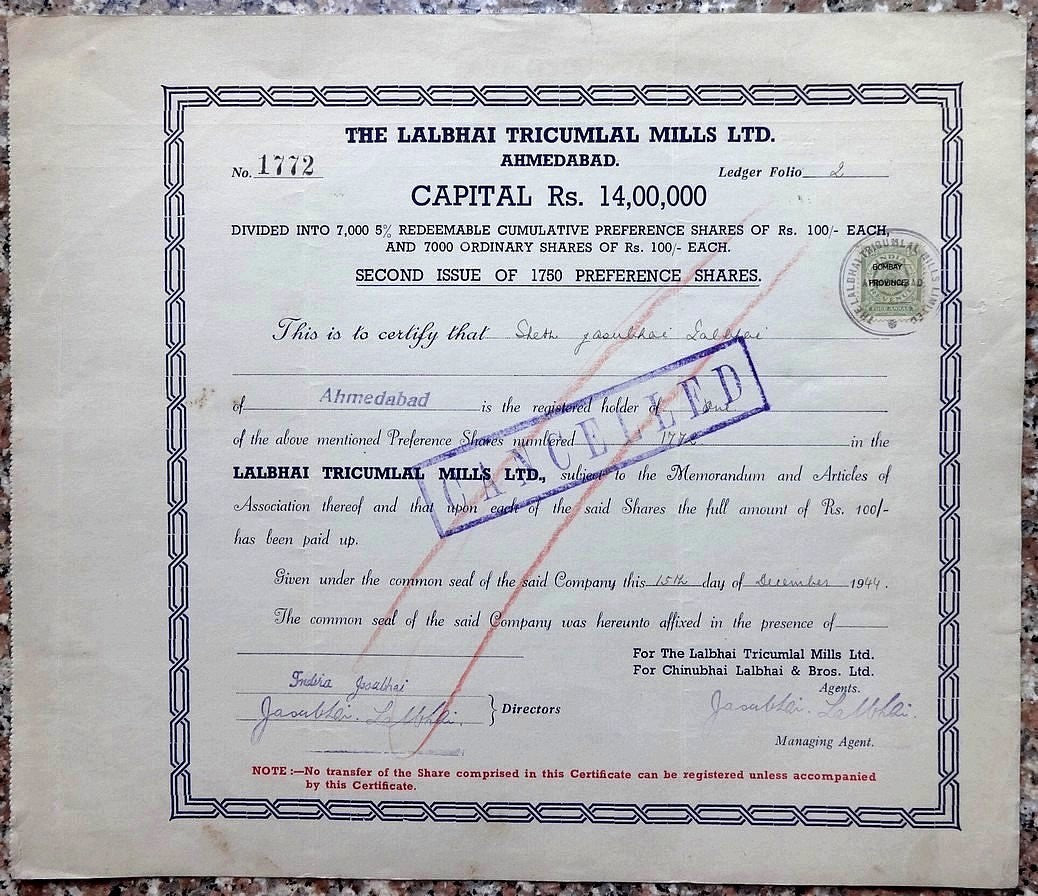 India 1944 Lalbhai Tricumlal Mills share certificate