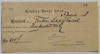 India 1918 signed letter by H.H Gondal from Taj Mahal Hotel Bombay & Cheque etc