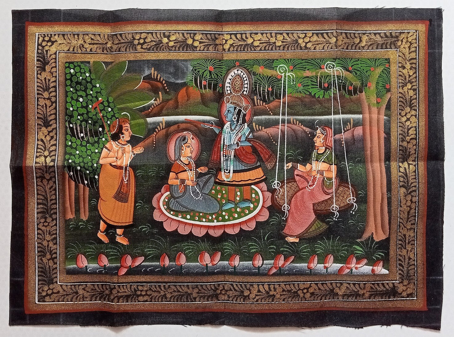 India vintage hand painting on cloth RADHA, KRISHNA & BALRAM 9 x 12 inches