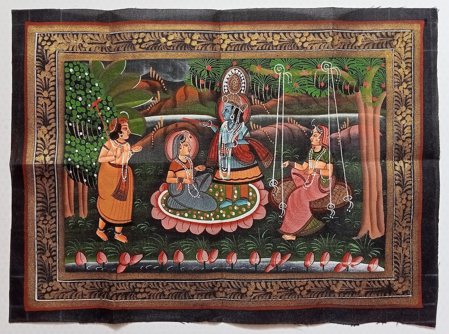 India vintage hand painting on cloth RADHA, KRISHNA & BALRAM 9 x 12 inches