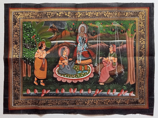 India vintage hand painting on cloth RADHA, KRISHNA & BALRAM 9 x 12 inches