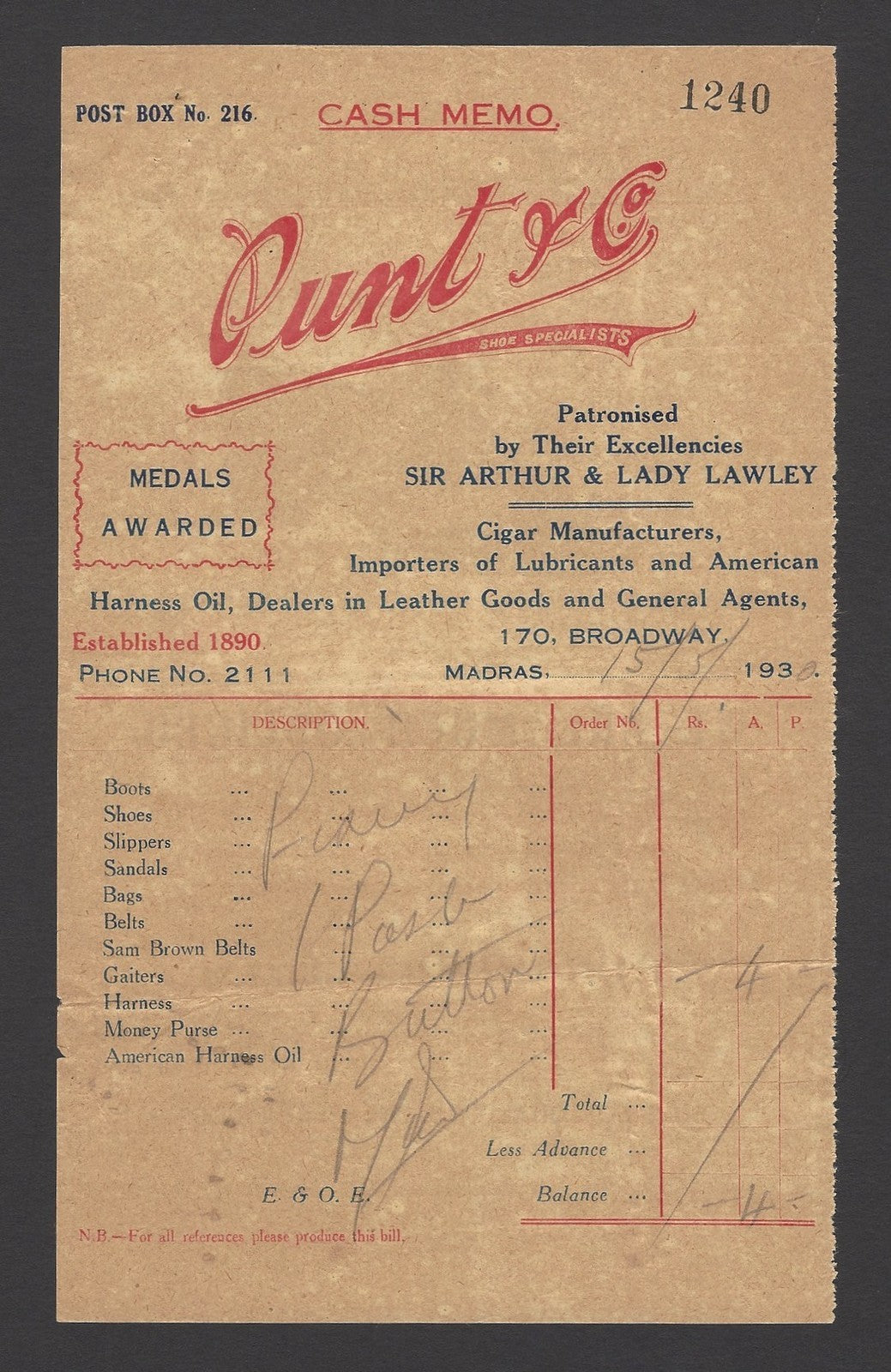India 1930 illustrated invoice SHOES – PUNT & CO