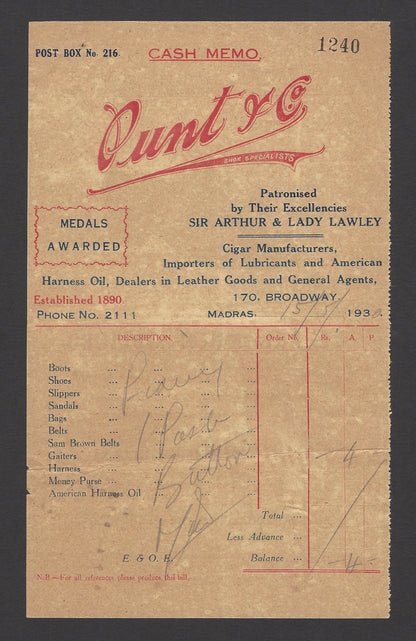 India 1930 illustrated invoice SHOES – PUNT & CO