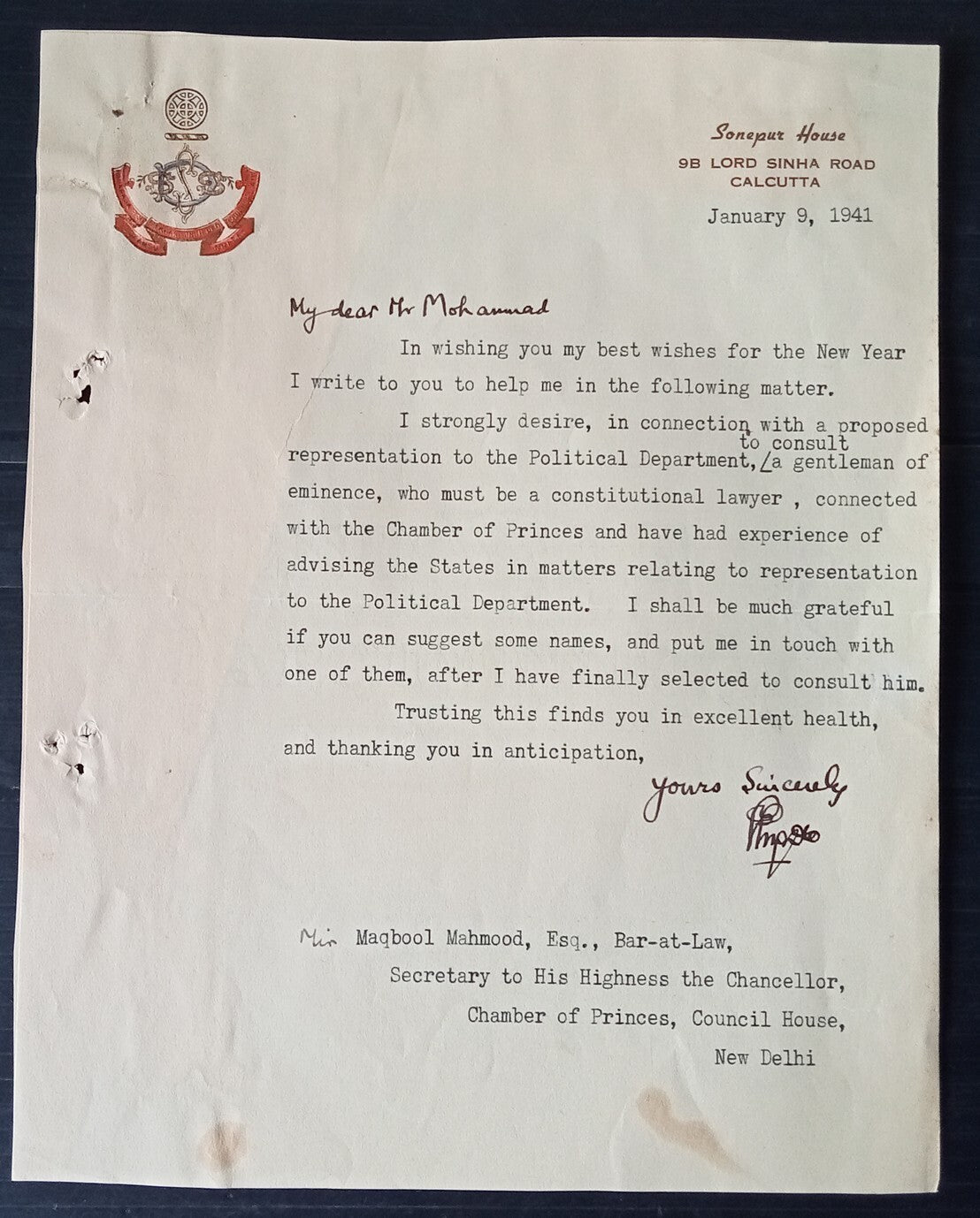 India 1941 SONEPUR multicolor crested letter signed Maharaja Mitrodaya Singh Deo